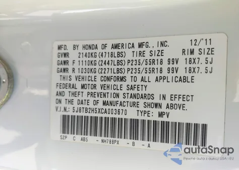 2012 Acura Rdx from USA, damaged, VIN 5J8TB2H5XCA003670
